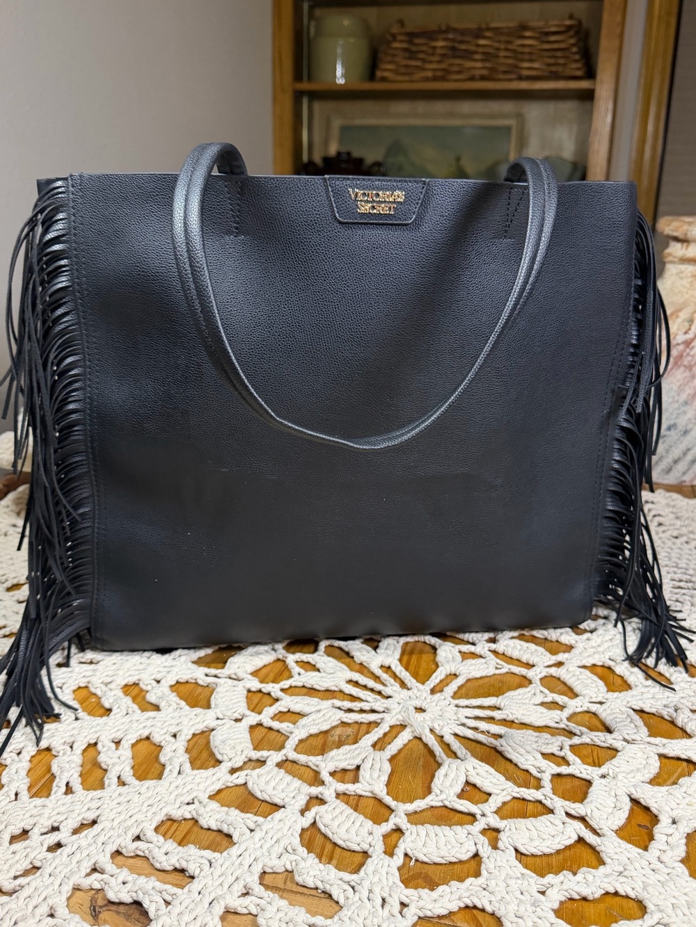 Victoria’s Secret Large Tote Limited Edition Black Faux Leather Fringe 2016 y2k